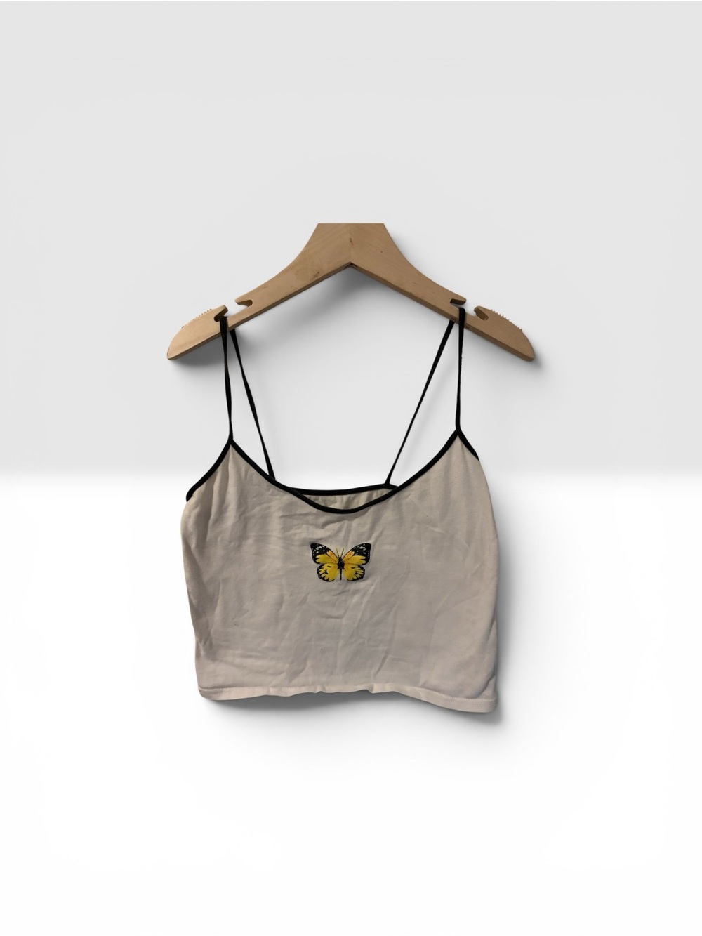 Butterfly-Embroidered Cream Cami Top with Black Trim